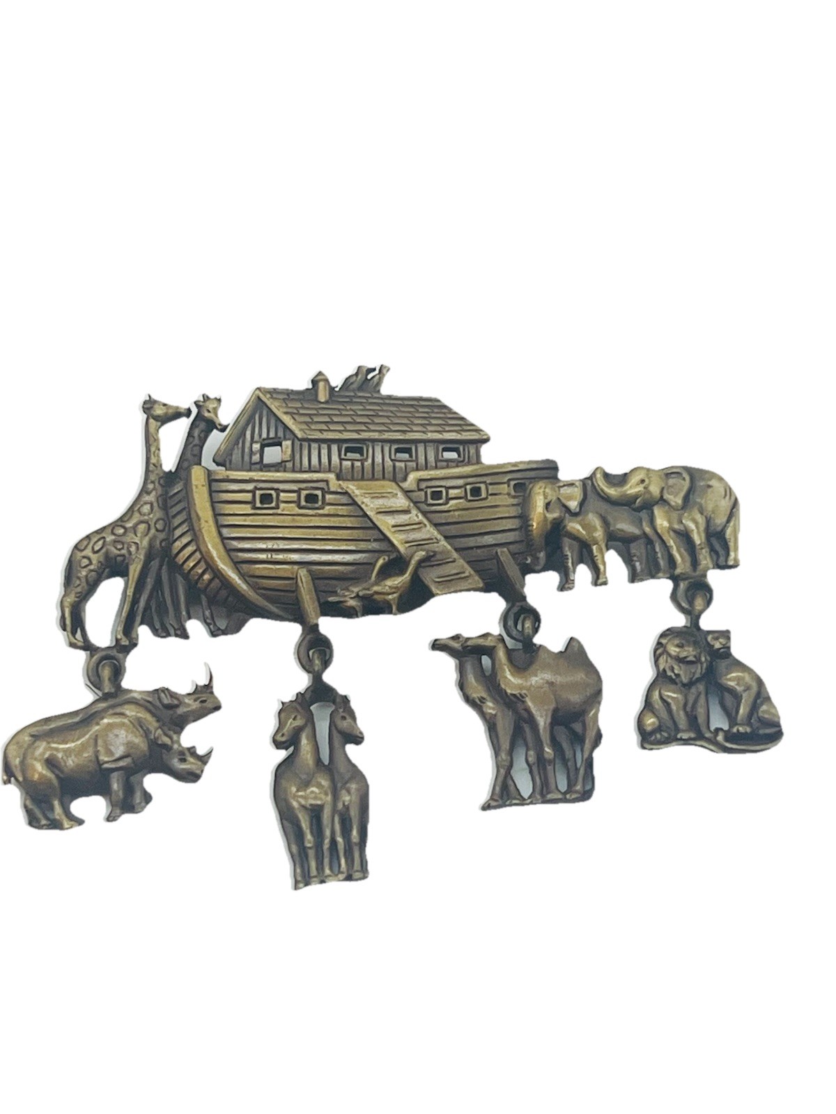Vintage JJ Noahs Ark Brooch Pin Gold Tone Dangle Charms Camel Giraffe Lion Rhino
