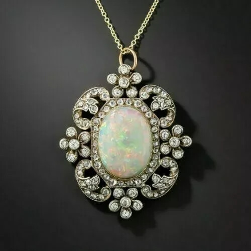 3Ct Oval Cut Fire Opal Flower Pendant 14K White Gold Finish Free Chain