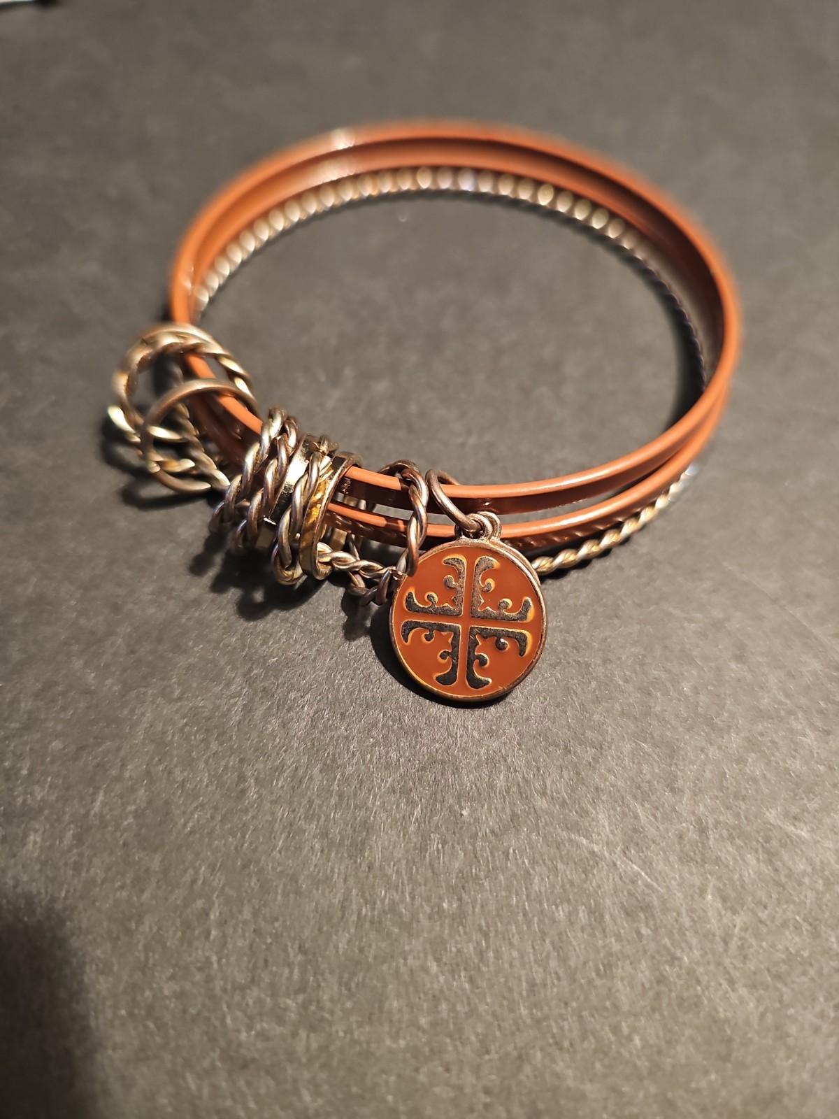Brown Leather Wire Bangle Cuff Bracelet w/ Round Cross Dangle Charms