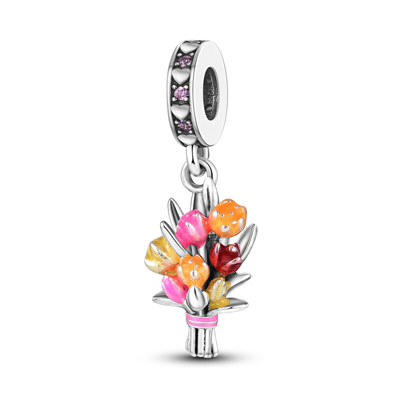 MULA European Silver Plated Charms AAA CZ Enamel Carnation For Women Bracelet