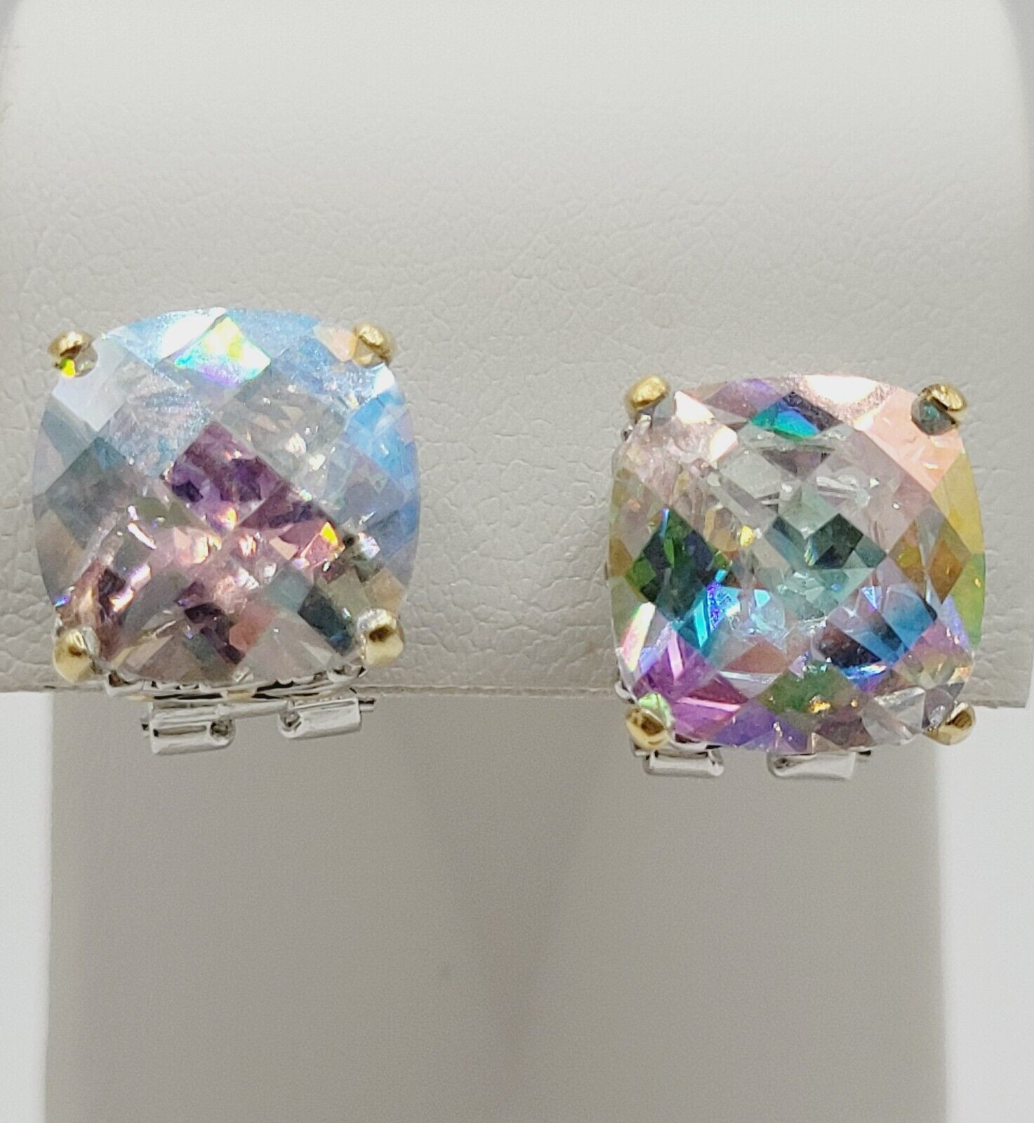 Modern Rainbow AB Crystal Square Stud Two Tone Ornate Frame Pierced Earrings