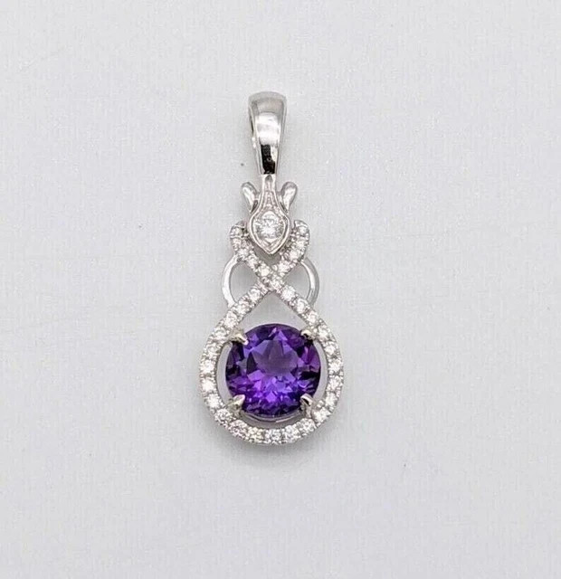 14K White Gold Plated Round Cut Lab Created Purple Amethyst Pendant with Chain