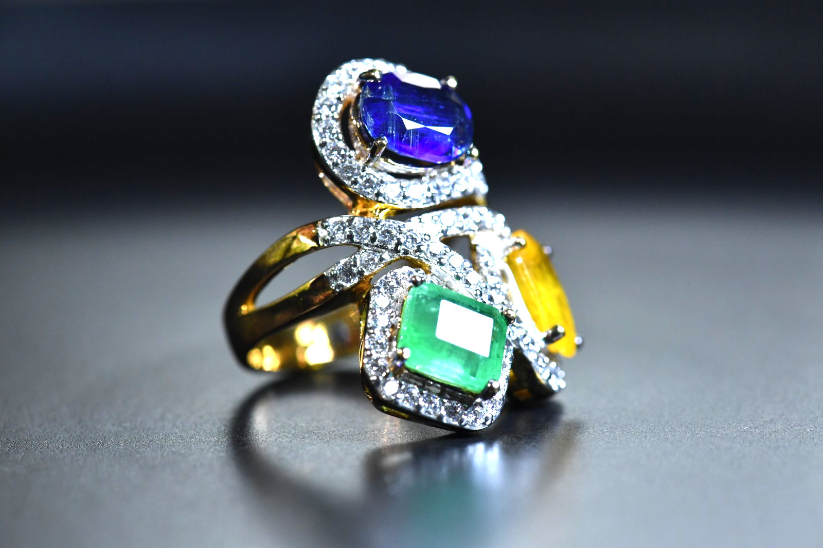 3 Stone Multi Gemstone Ring Emerald, Kyanite, Yellow, Sapphire surrounded CZ