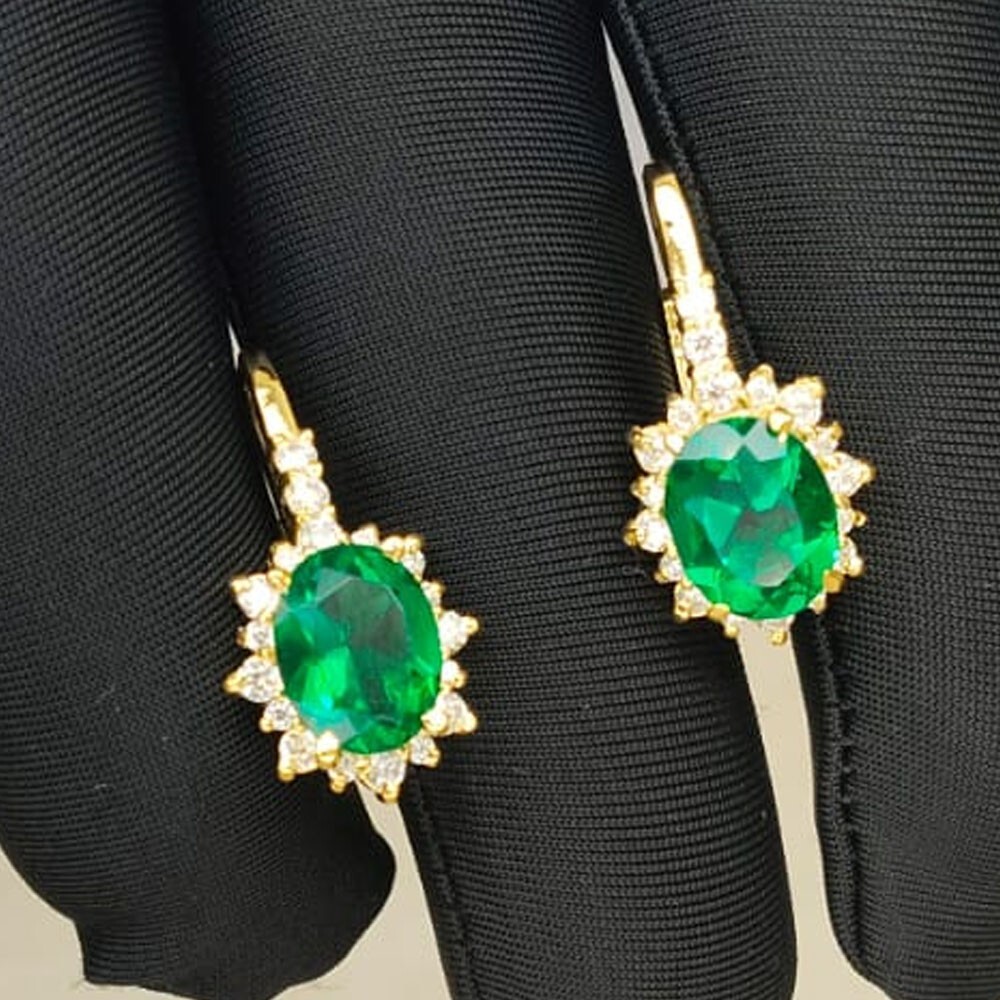 4.00ct Oval Cut Natural Emerald & Diamond Earring 14K Yellow Gold Plated