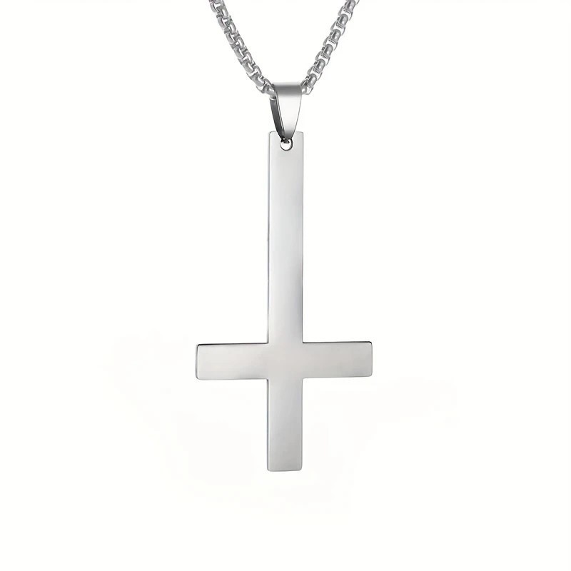 Silver Saint Peter’s Cross Necklace Inverted Stainless Steel Pendant Punk Goth