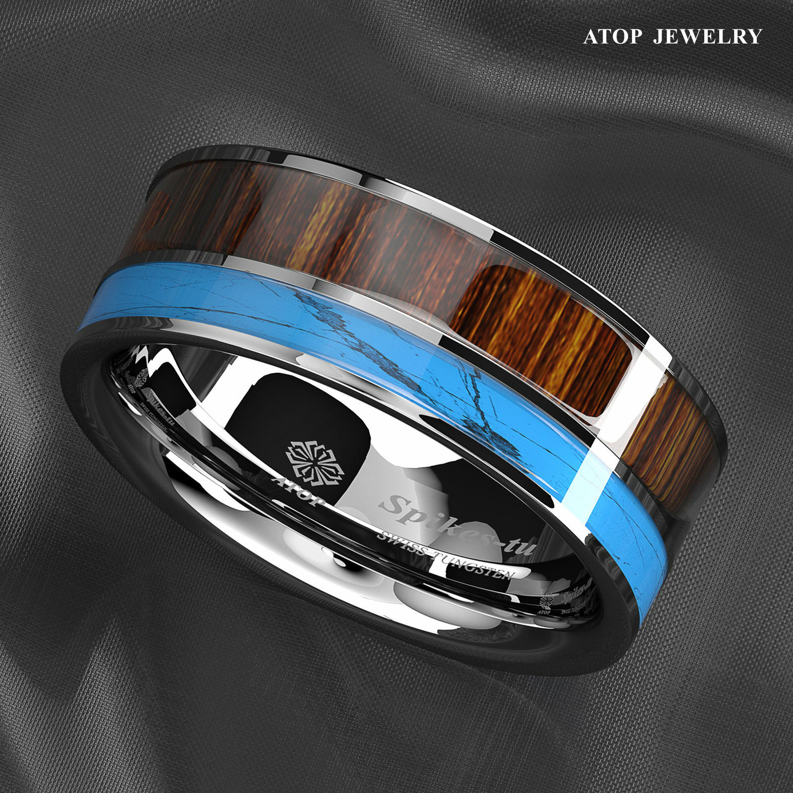 8mm Tungsten Men’s Ring Silver Turquoise & Koa Wood Wedding Band ATOP Jewelry
