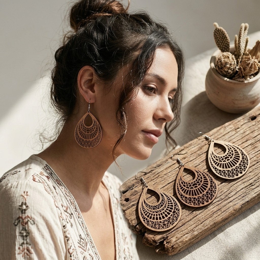 4 Pairs Wooden Dangle Earrings Boho Laser Cut Filigree Teardrop Jewelry Set