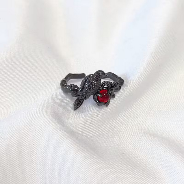 Black Rave/Crow Ring – Gothic Artisan Rings, Promise Cubic Red Zirconia