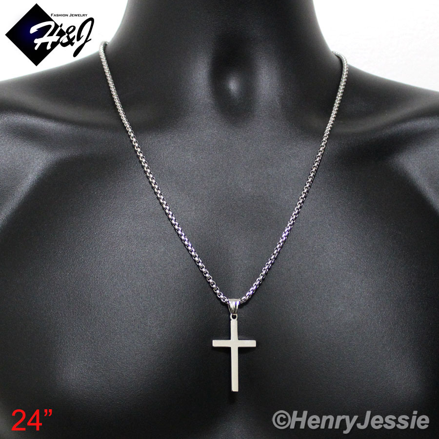 16-36″MEN Stainless Steel 2/3/4mm Silver Smooth Box Link Chain Cross Pendant*SP