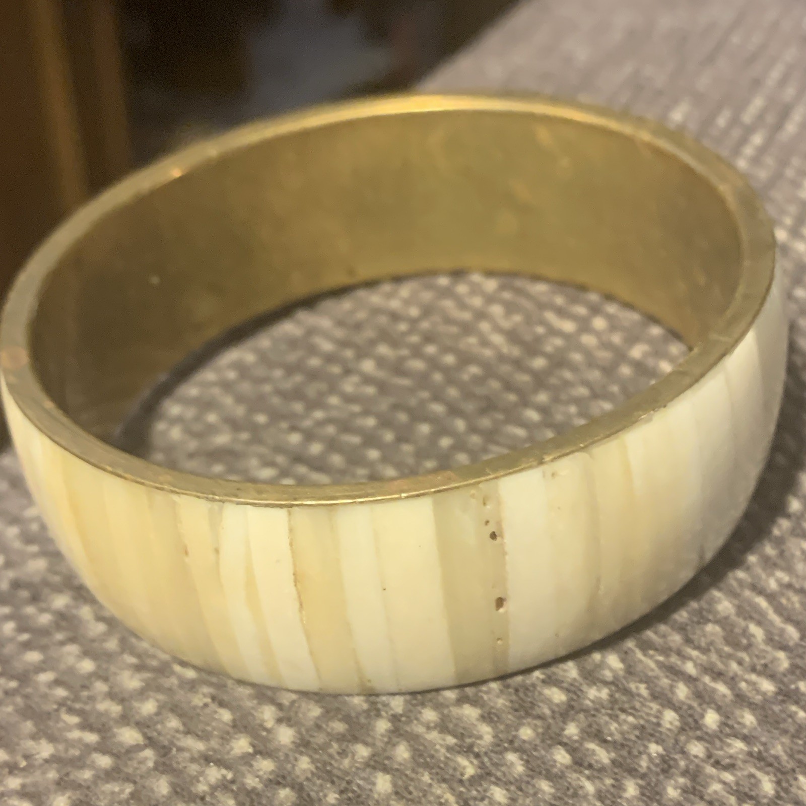 Gold Tone & Ivory Wide Round Bangle Bracelet, Metal, No Stone