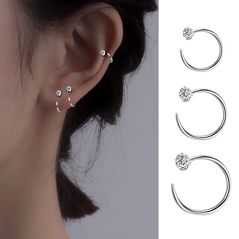 Womens 925 Sterling Silver CZ Crystal Small Hoop Earrings Trendy Stud Earrings