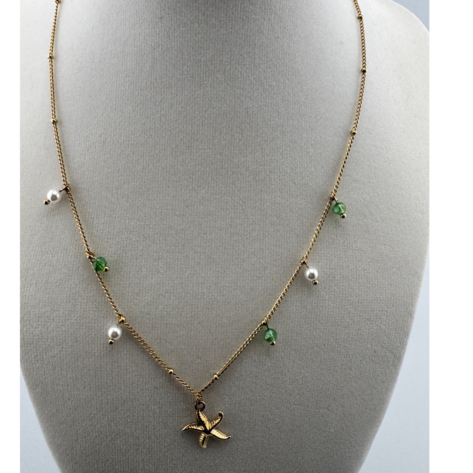 Gold Starfish Pearl Green Bead Necklace 14k Gold Plated Stainless Steel Coastal
