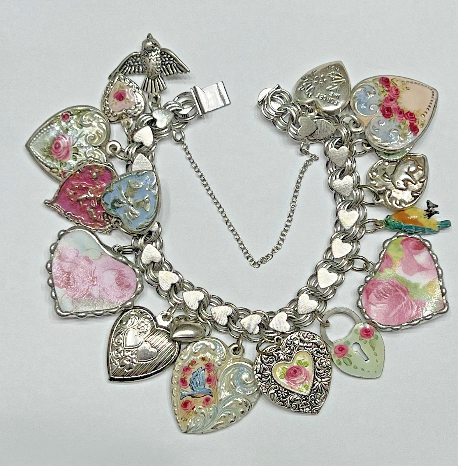Vintage Puffy Hearts Charm Bracelet Sterling Silver Estate Pink Heart Charms US