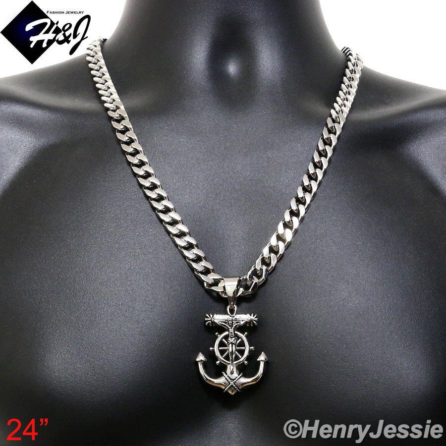 24″MEN Stainless Steel 9mm Silver Cuban Curb Necklace 3D Anchor Cross Pendant*58