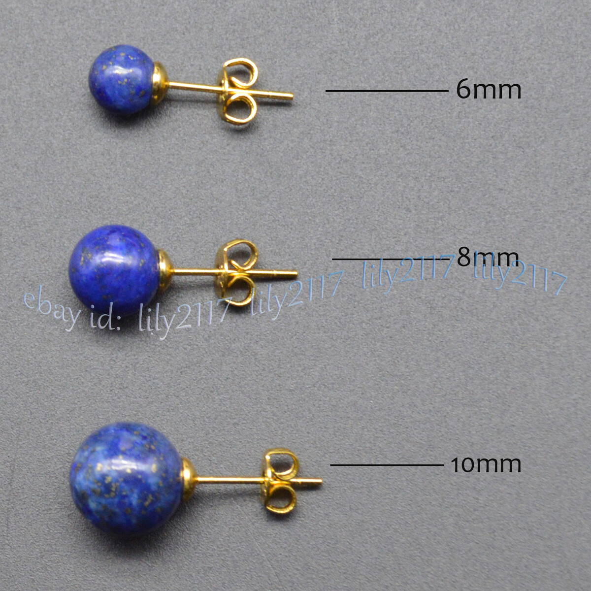 Natural Blue Lapis Lazuli Round 6mm 8mm 10mm Gemstone Gold Plated Stud Earrings