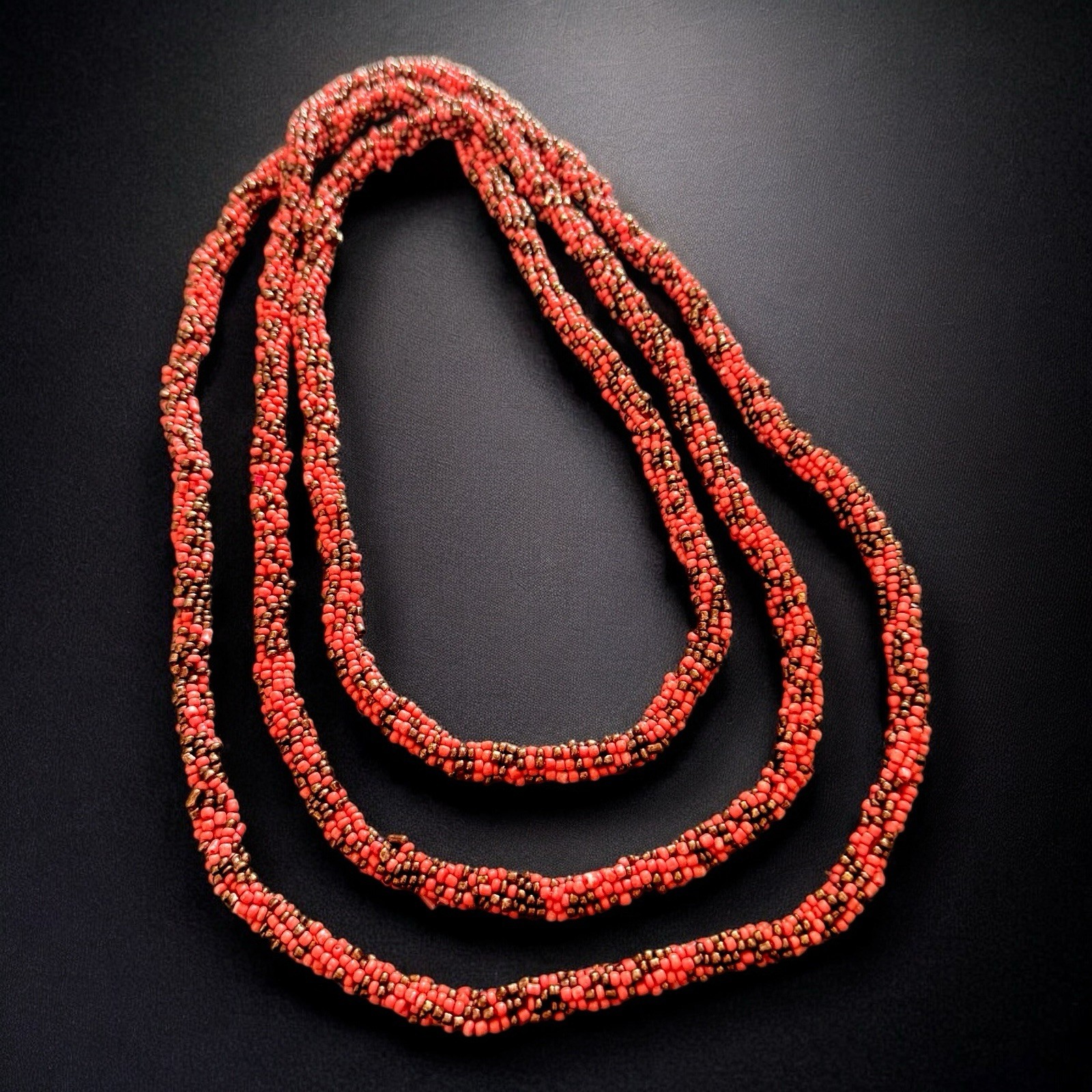 Art Deco Sautoir Necklace Coral Black Glass Bead Crocheted 1920s Flapper