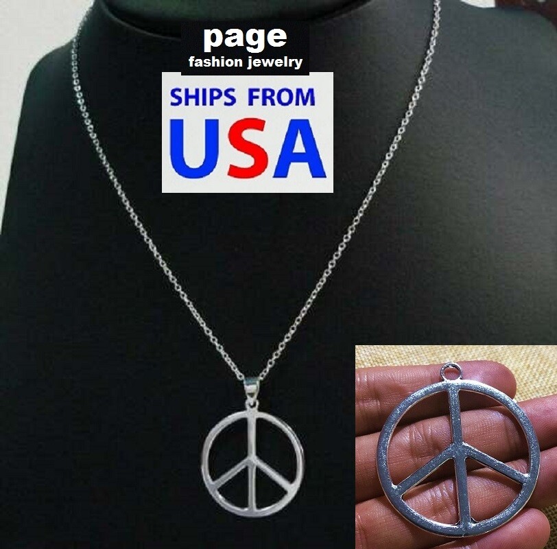 Large 1-3/4″ Peace Sign Antique Silver Tone Pendant With 18″ Chain Necklace