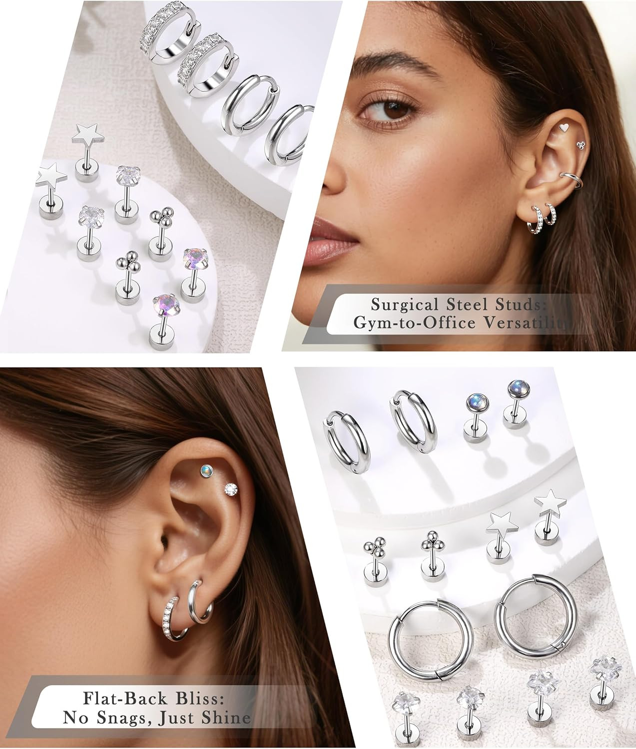 Flat Back Stud Cartilage Earrings Set for Sensitive Ears, Silver, Multiple Pierc