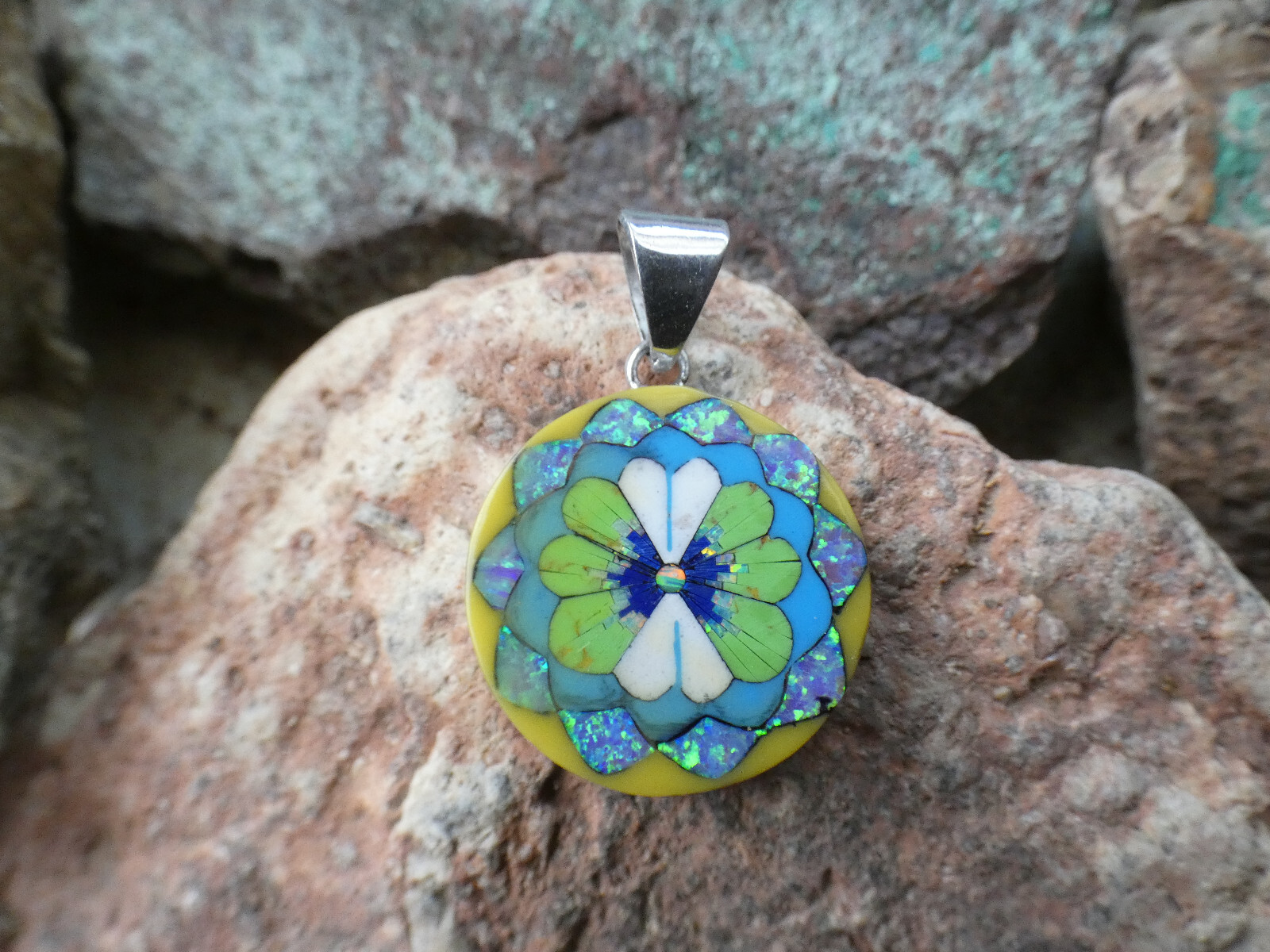 Gorgeous Pansy Flower Gemstone Opal Aluminum Sterling Silver Alloy Pendant AK83
