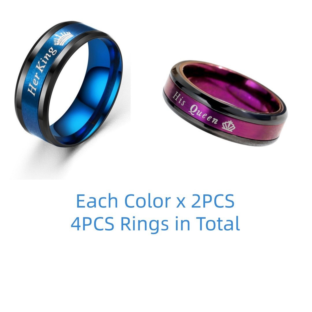 4PCS Blue Her King Purple His Queen Stainess Steel Couple Rings Set 6mm 8mm