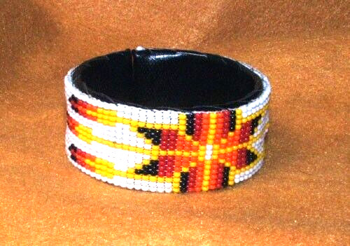White Starburst Beaded Cuff Bracelet 1″W x7″ L Leather Backed Adjustable