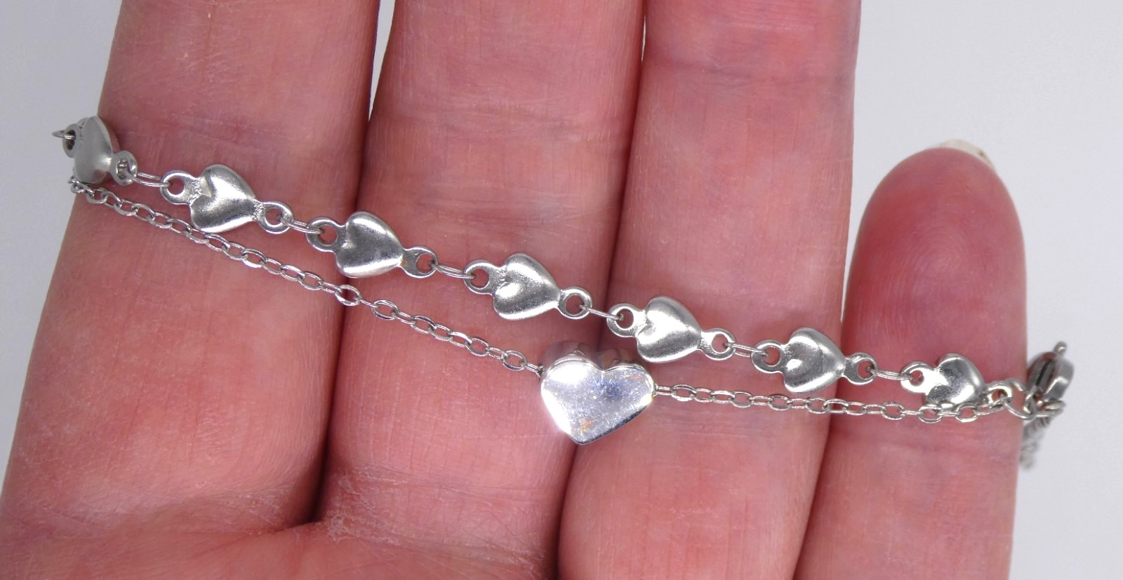 Silver Tone Double Layer Heart Bracelet Elegant Pretty Dainty Chain