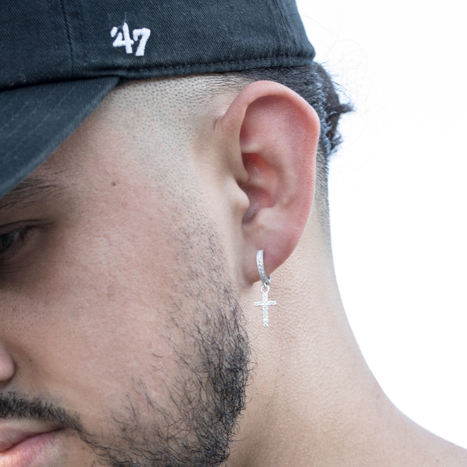 Mens Iced Sterling Silver Cz Dangle Drop Mini Huggie Clip Cross Hoop Earrings
