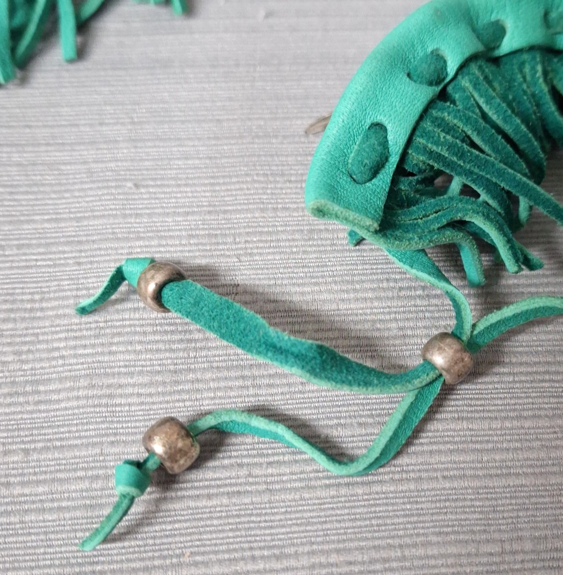 Pair of Faux Leather Bracelet Green Fringe Cuffs Bell Feather Bead Boho Festival