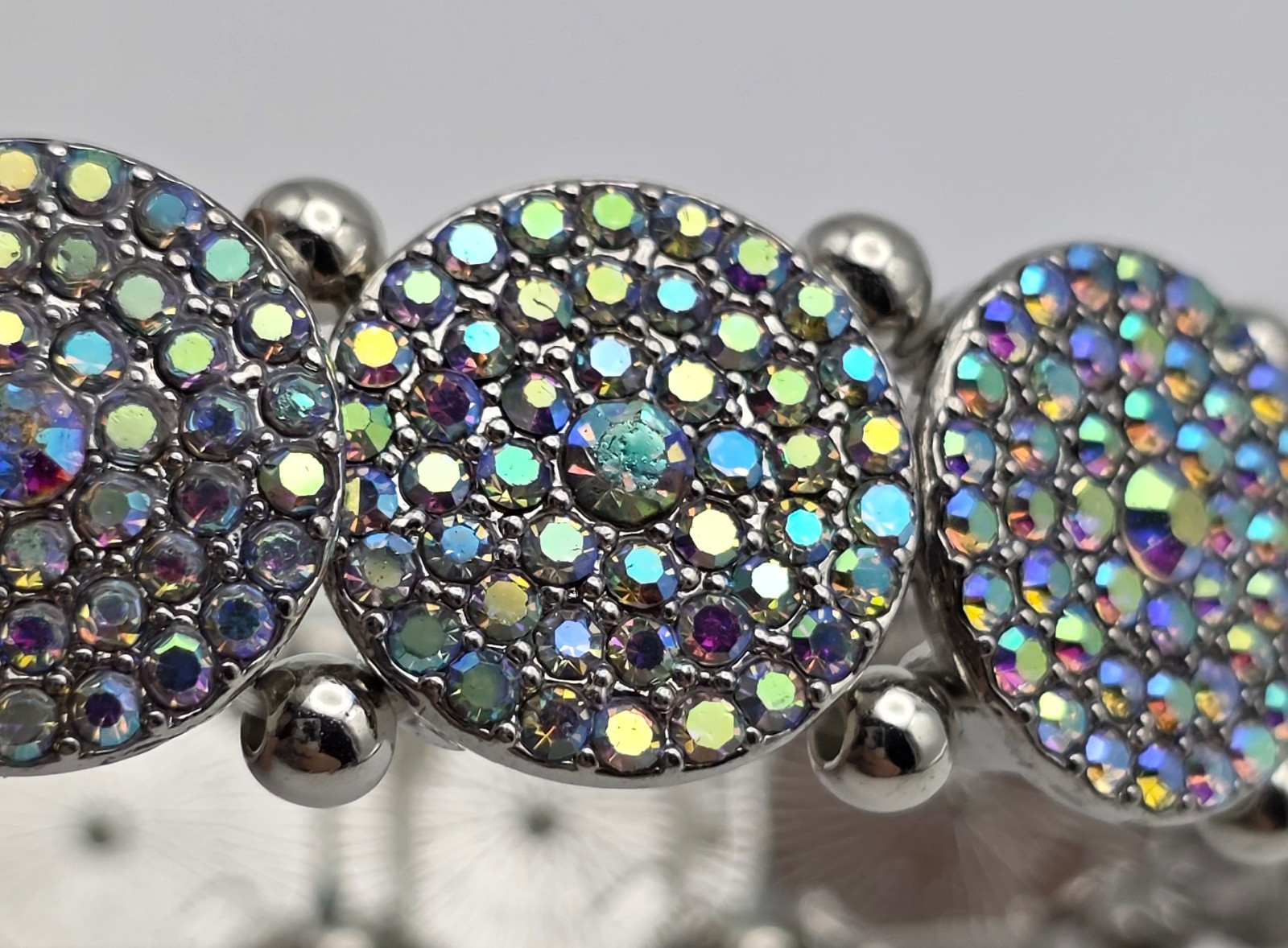 Silver Tone AB Crystal Pave Circle Link Stretch Bracelet 6.5 In Statement