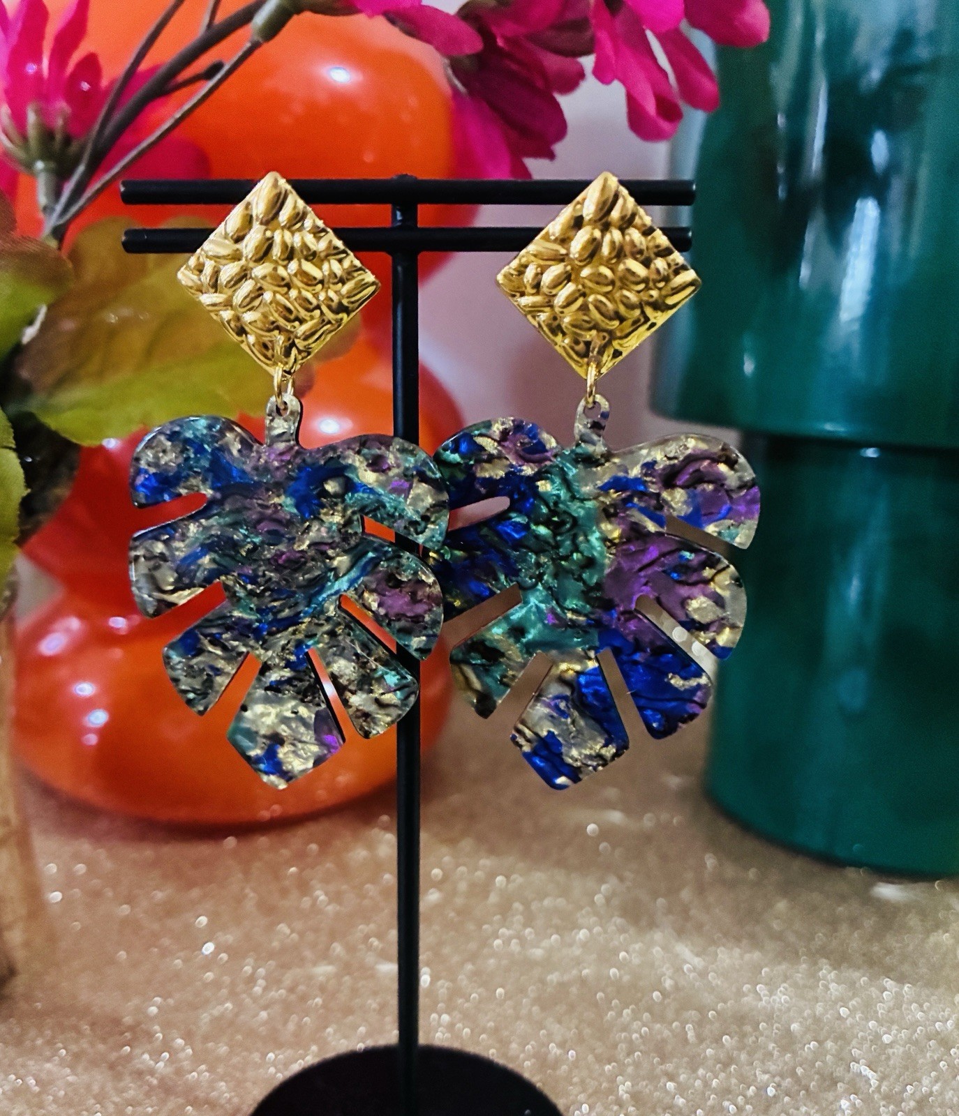 Marble Monstera Leaf Acrylic Mid-Century, Modern Earrings, High Quality,