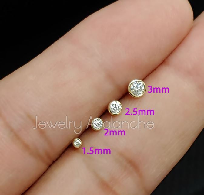 Solid 14kt White / Yellow Gold 22G Nose Bone Stud with Bezel Set Moissanite