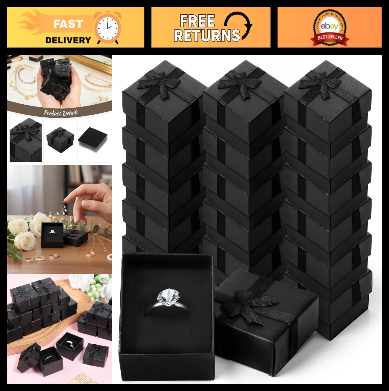 72 Pcs Square Jewelry Ring Boxes with Ribbon Bow – Cardboard Gift Box Set, Black