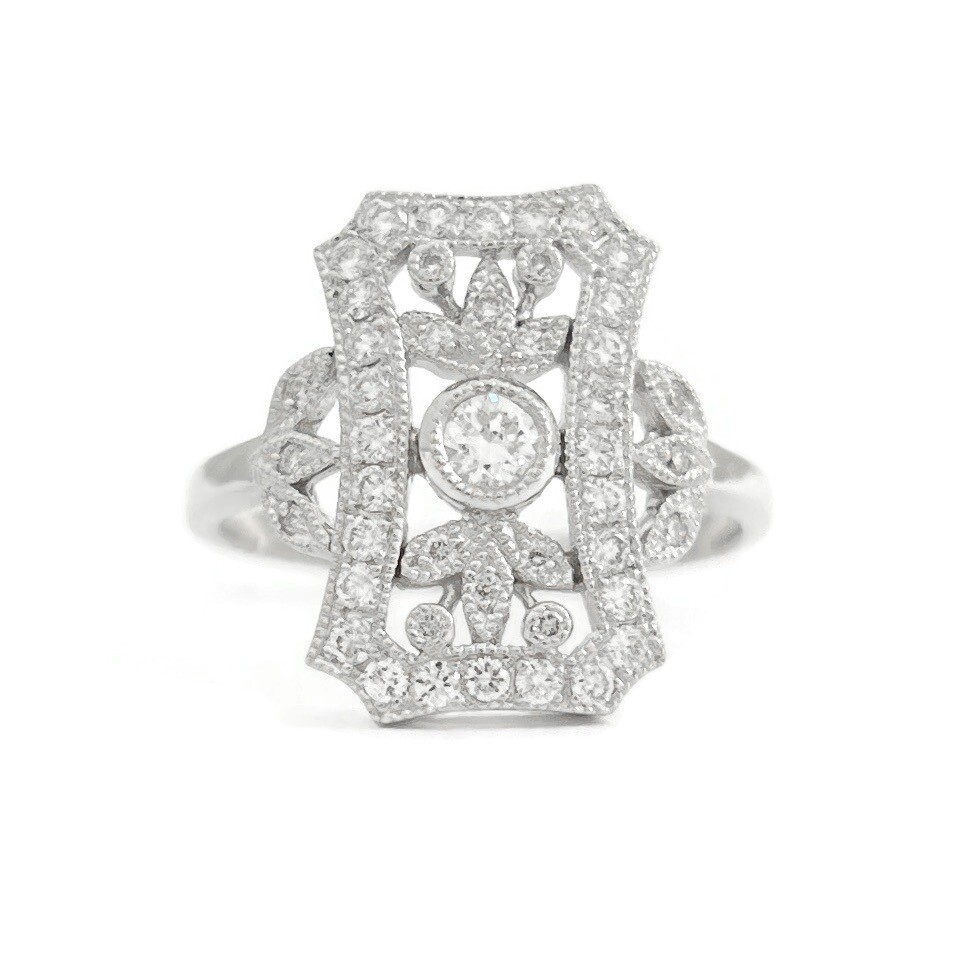 Art-Deco Style Long Pave Diamond Filigree Statement Ring 18K White Gold .52 CTW