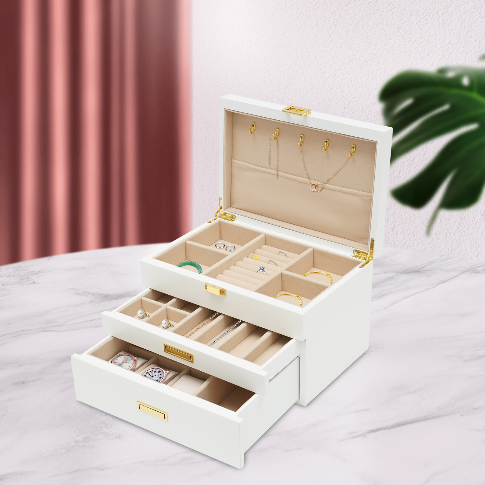 Jewelry Storage Box W/ Safe Lock 3 Layers Large Capacity Organizer with 2 Drawer