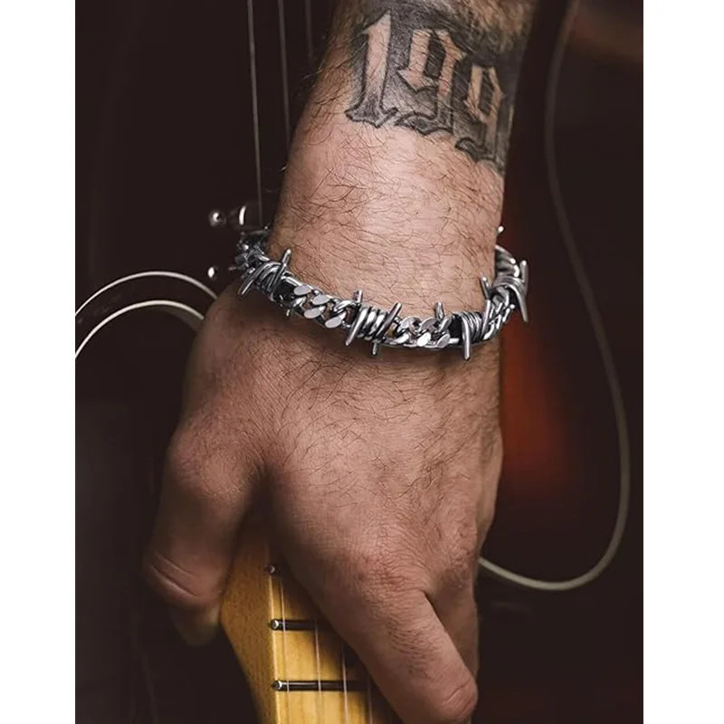 Barbed Wire Cuban Link Chain Bracelet Adjustable Stainless Steel Punk Emo