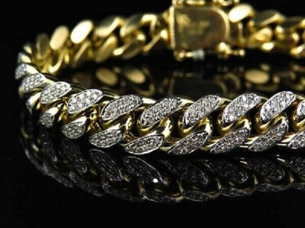 10Ct Round Cut Diamond Miami Curb Cuban Link Men’s Bracelet 14K Yellow Gold Over