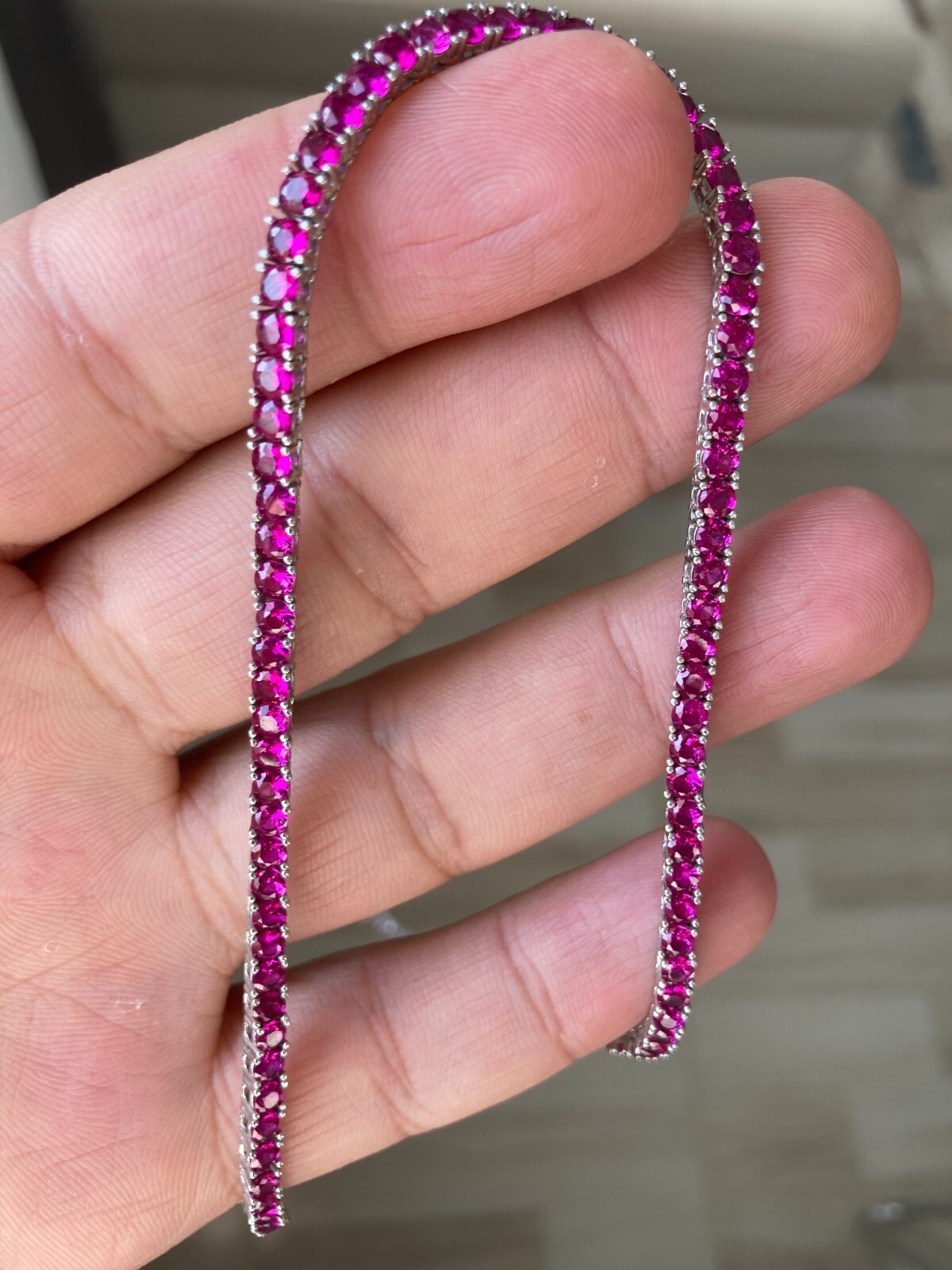 Ruby Tennis Necklace Round Stone Lab Created, 925 Sterling Silver 3,5mm 17.5