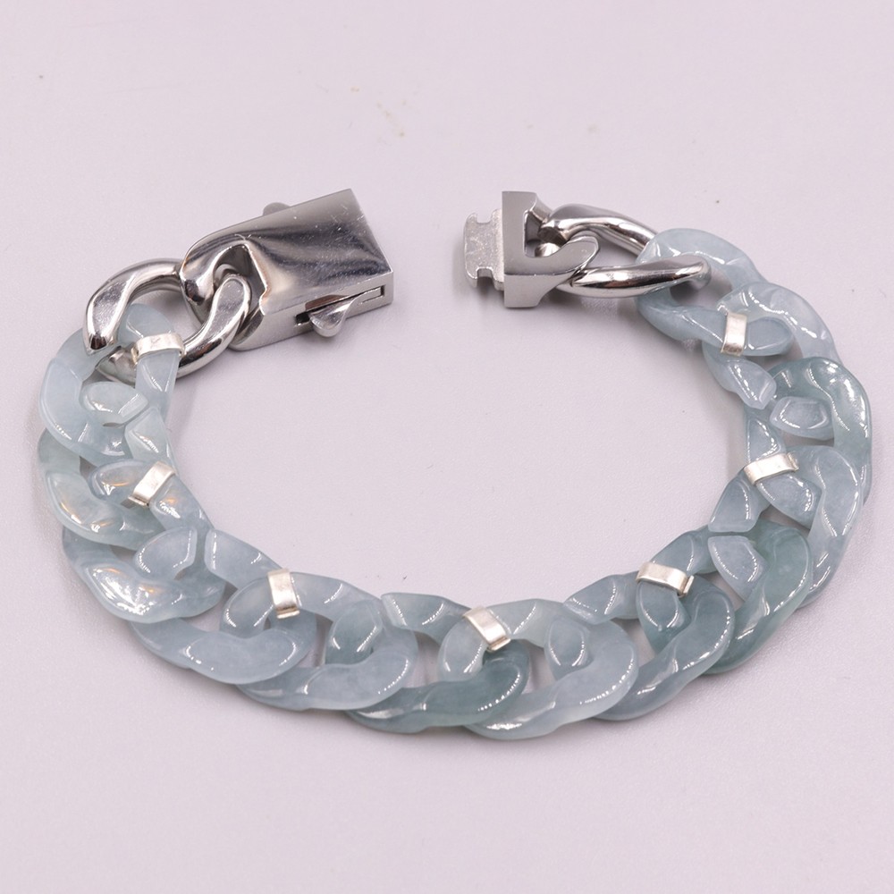 Real Grade A Natural Blue Jadeite Jade Cuban Curb Link Bracelet 7.5-7.9inch