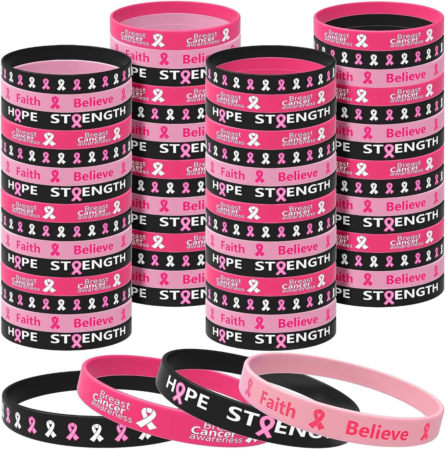 60 Pcs Breast Cancer Awareness Silicone Wristbands – Unisex Ribbon Breast Cancer