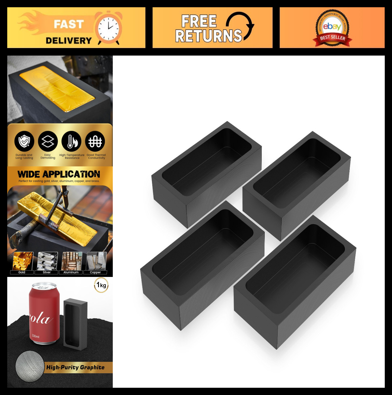 1kg Graphite Ingot Mold Set – 4-Piece Metal Casting & Melting Tool, Heat Resista