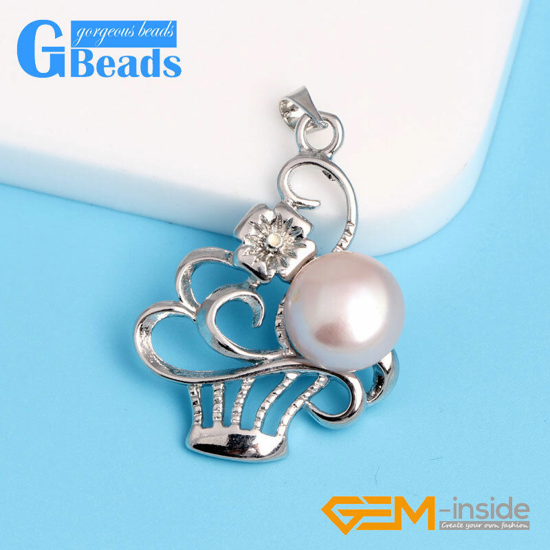 White Gold Plated Basket Shape Freshwater Pearl Pendant Free Shipping 10-11mm