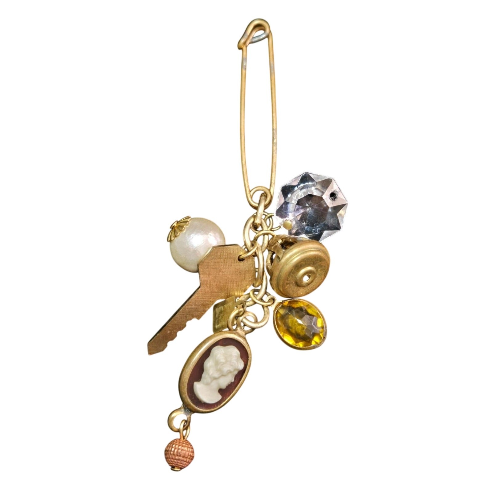 Vintage John Wind Safety Pin Brooch with Key, Cameo, Faux Pearl Charms