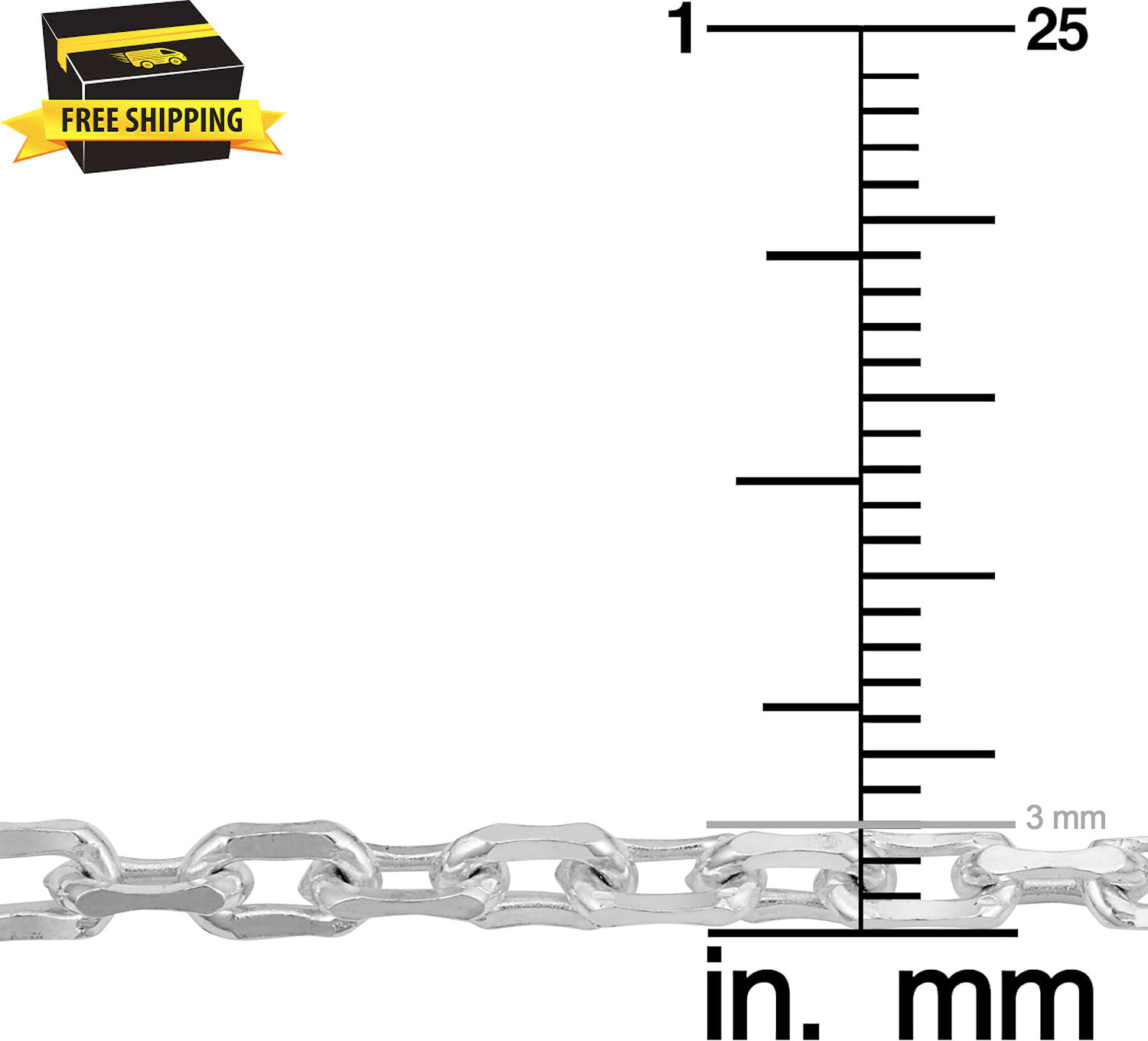 Sterling Silver 3Mm Concave Cable Link Chain (16, 18, 20, 22, 24 or 30 Inch)
