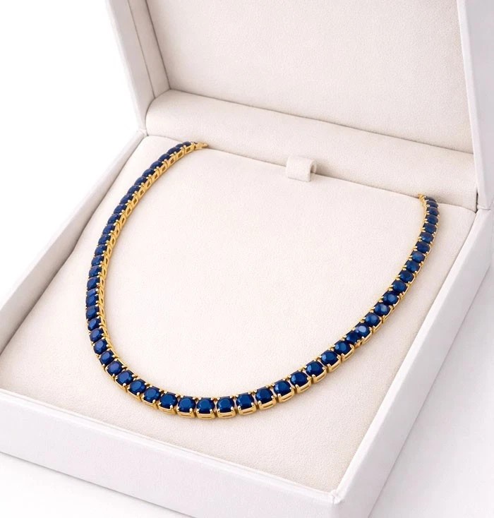 4MM Round Cut Lab Created Blue Sapphire Tennis necklace 14k Yellow Gold Plated