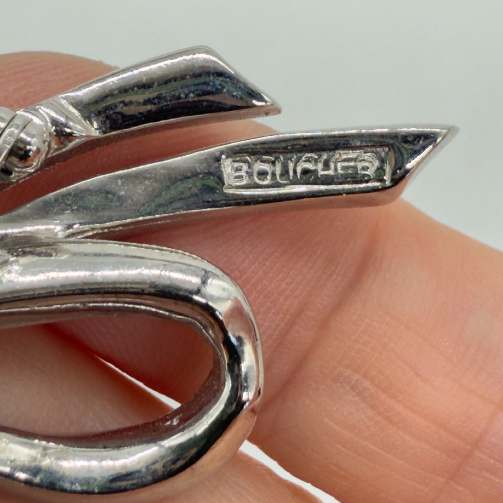Vintage Marcel Boucher Brooch Bow Baguette Rhinestones 1 Missing Silver Tone