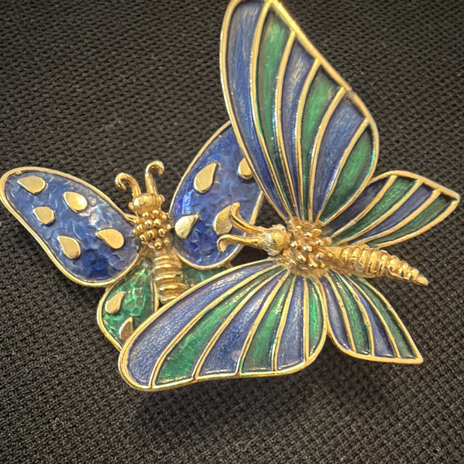 Enamel Butterfly Brooch Pin Blue Green Gold Tone Signed Animals & Insects