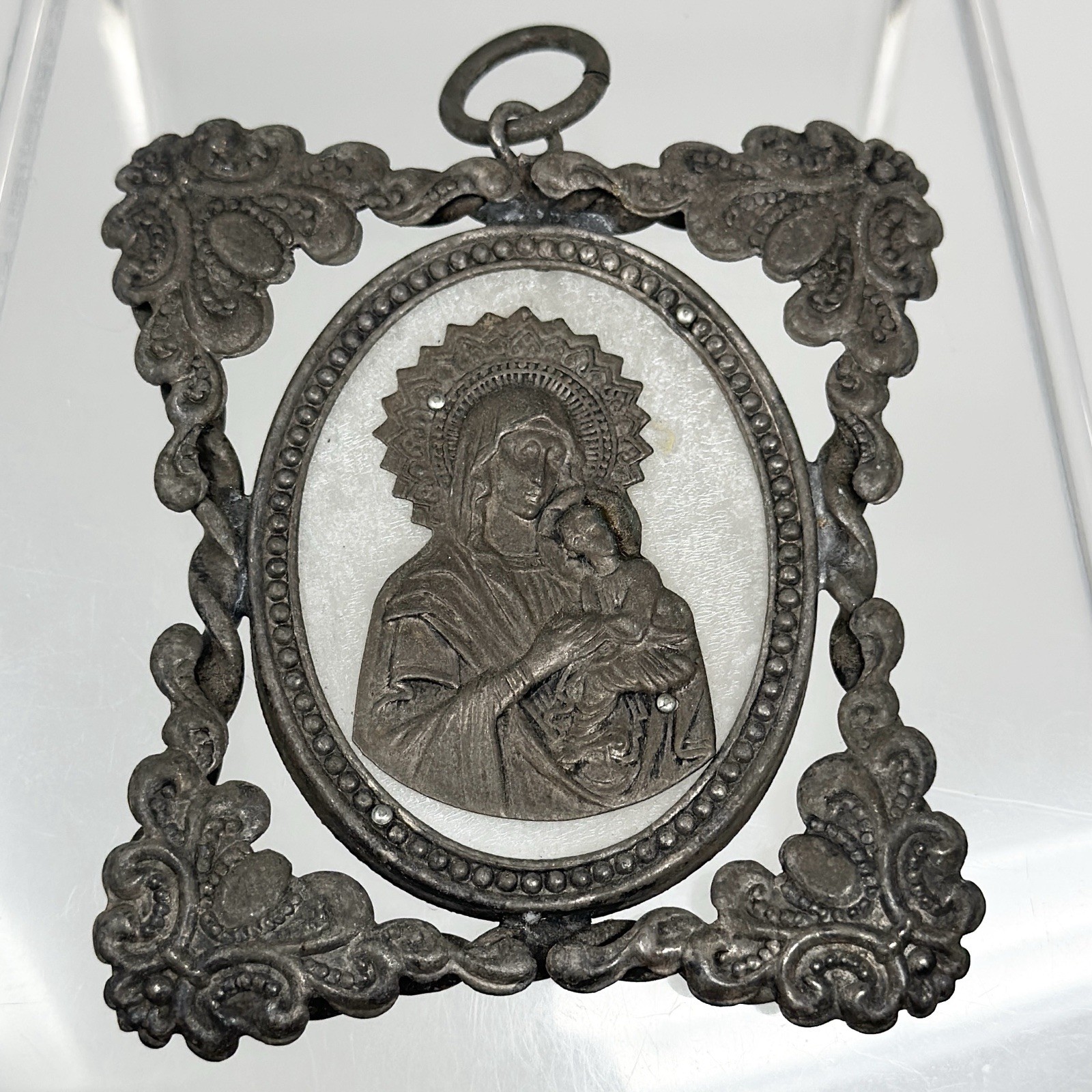Vintage Silver Tone Catholic Religious Virgin Mary Holding Infant Jesus Pendant