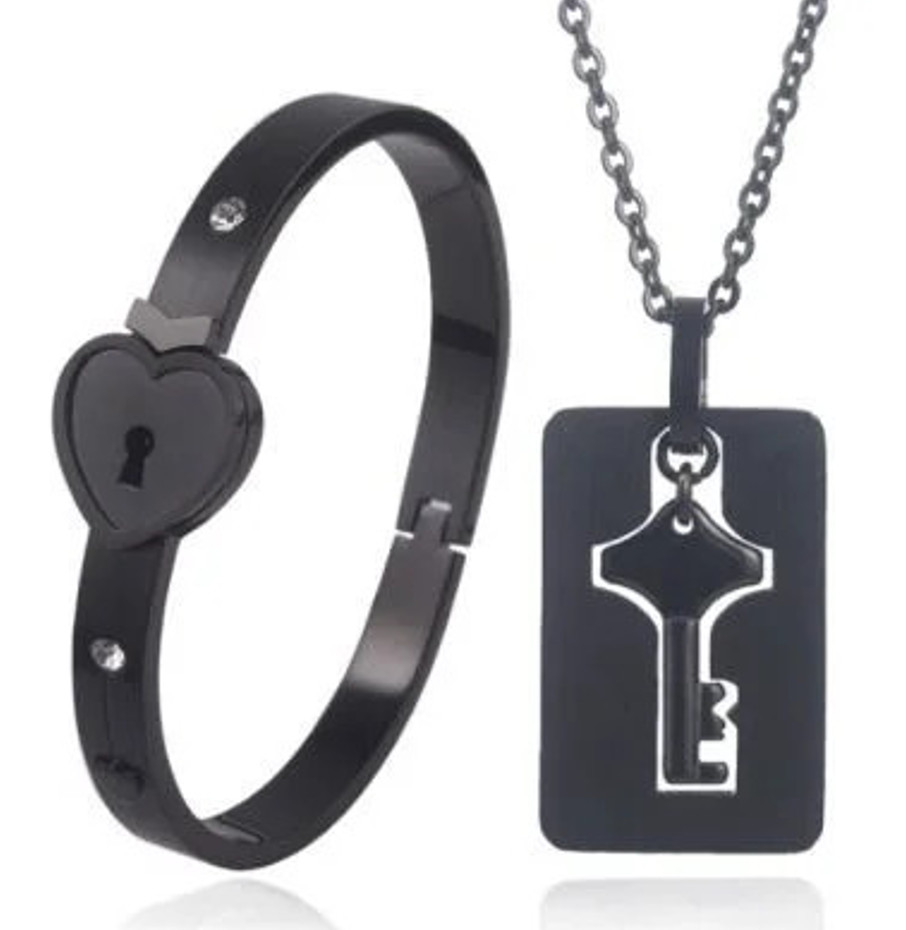 OurCoordinates Heart Lock Bracelet & Key Necklace Jewelry Set