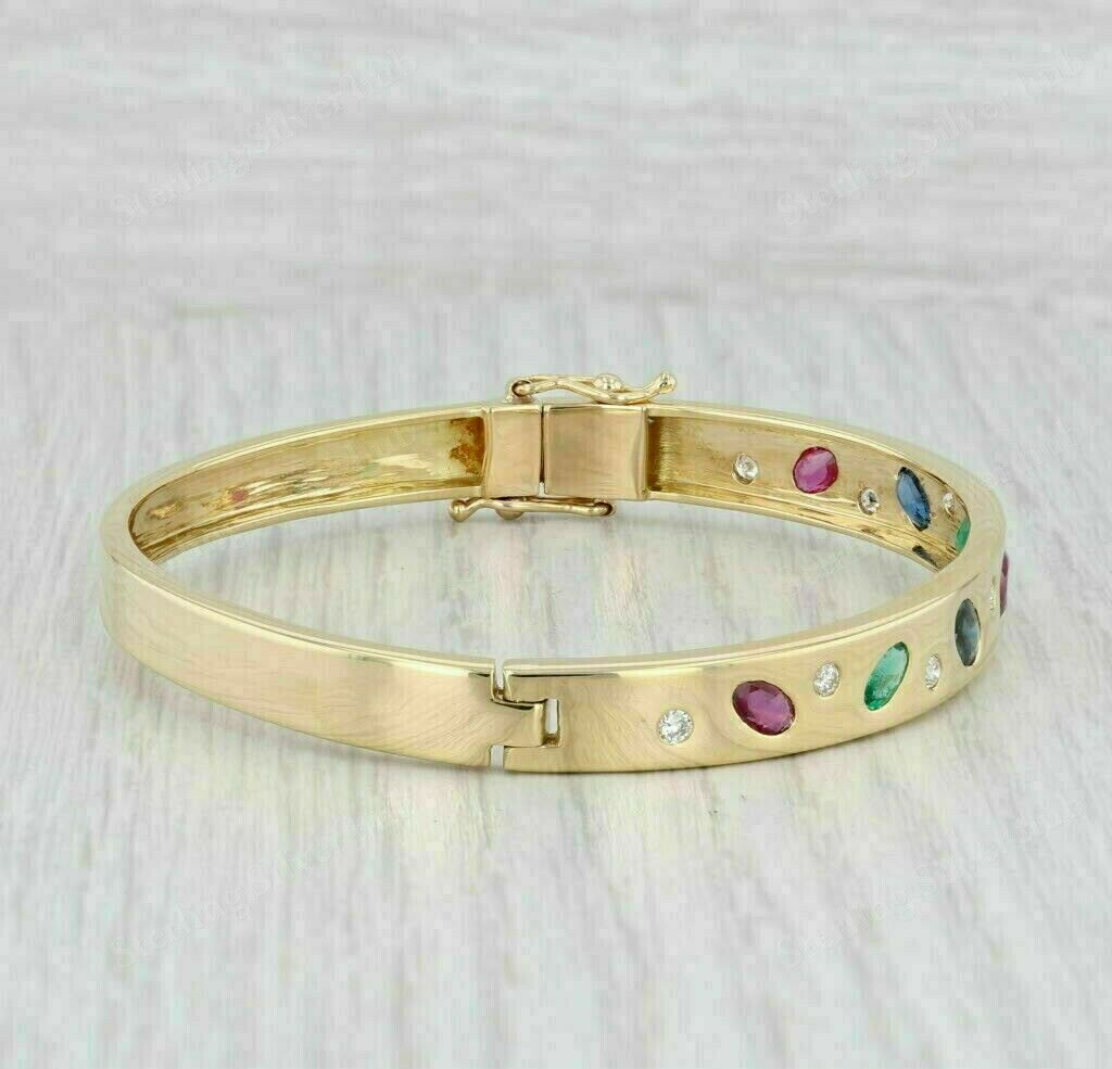 Oval 5Ct Lab Created Ruby & Multi Color Gemstone Bangle 14K Yellow Gold Finish