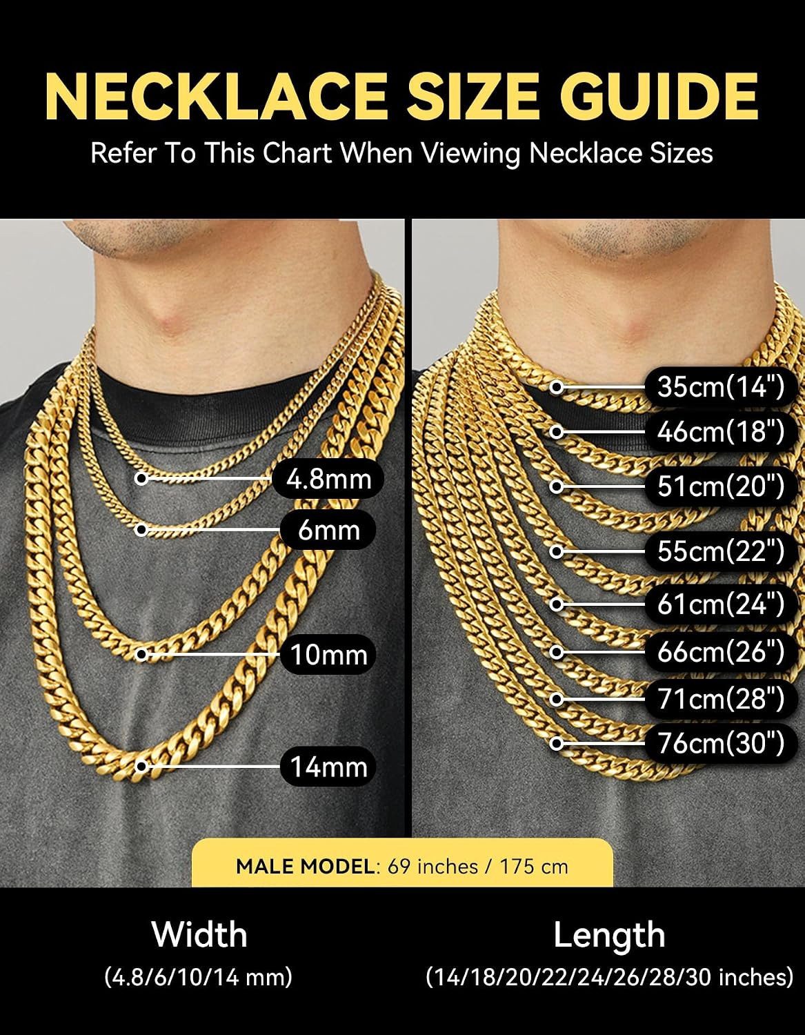 Miami Cuban Link Chain Necklace for Men, Stainless Steel Curb Chain, 4.8/6/10/14